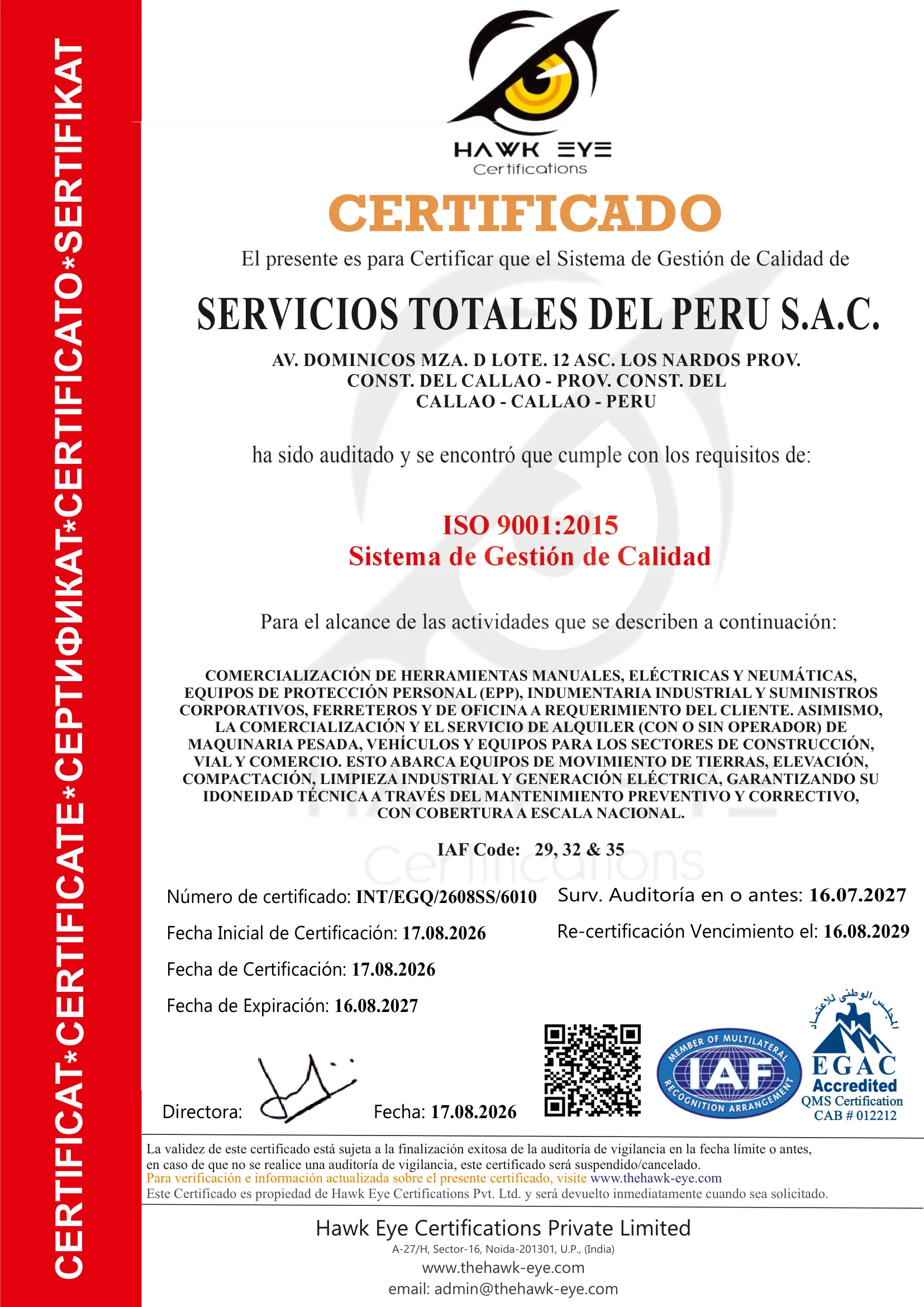 Certificado Oficial ISO 9001:2015 - Versión en Español